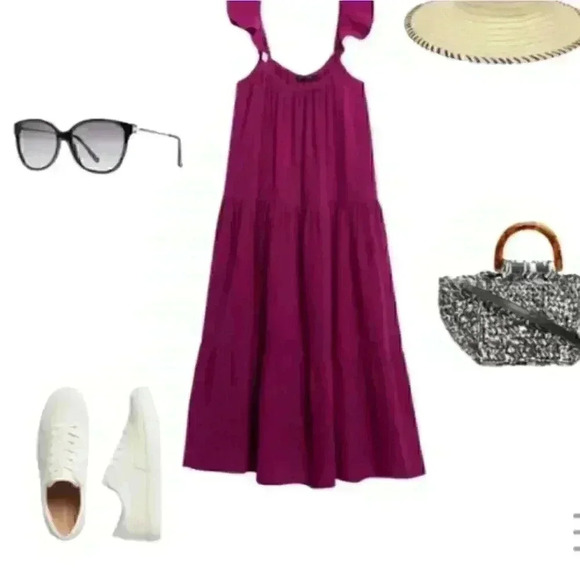 Frill-Sleeve Gauze Tiered Mid-Calf Dress - Picture 5 of 13